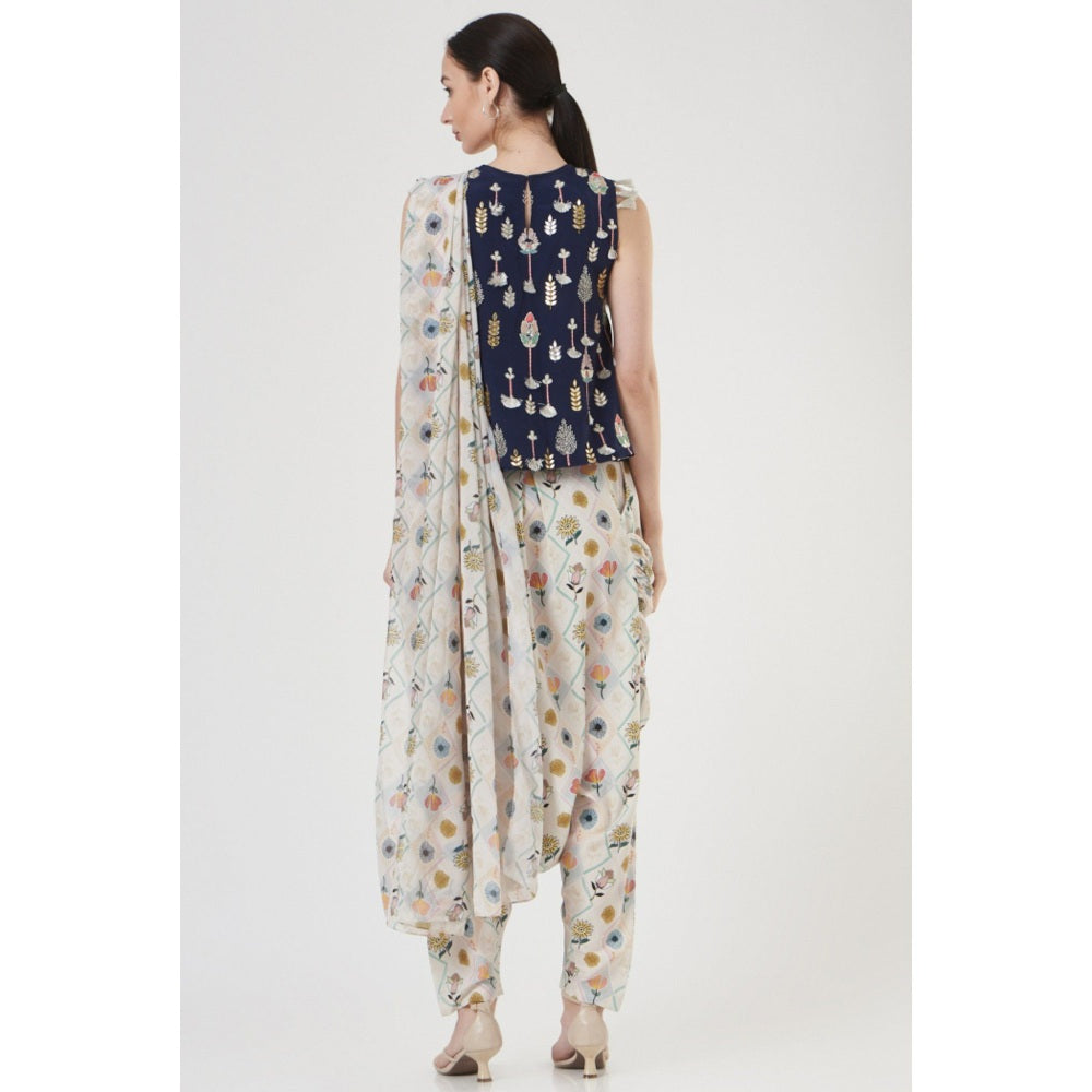 PS Pret by Payal Singhal Navy Embroidered Top & Georgette Draped Saree Style Dhoti (Set of 2)