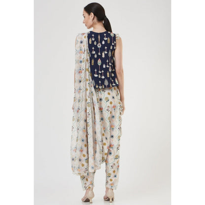 PS Pret by Payal Singhal Navy Embroidered Top & Georgette Draped Saree Style Dhoti (Set of 2)