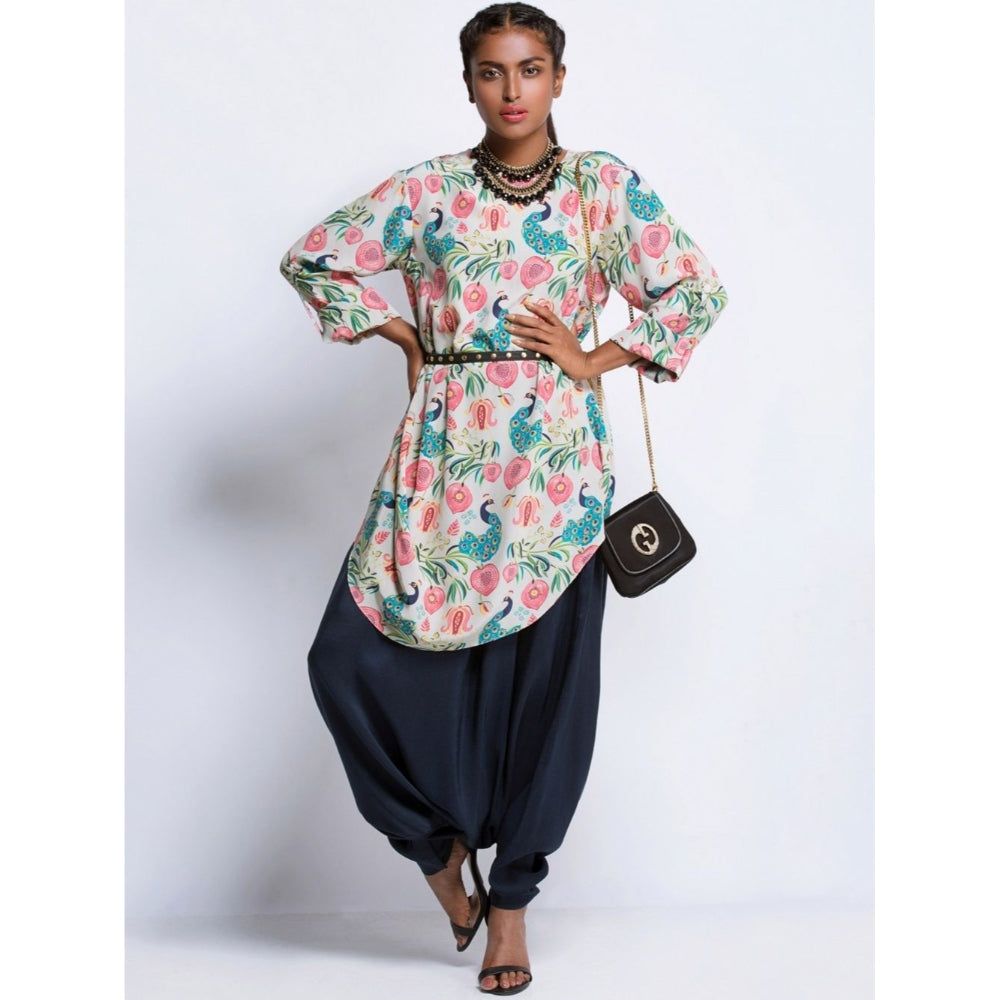 Payal Singhal Multi-Color Printed Cowl Tunic With Navy Pants (Set of 2)