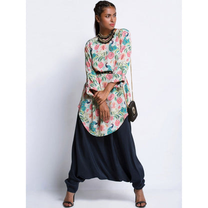 Payal Singhal Multi-Color Printed Cowl Tunic With Navy Pants (Set of 2)