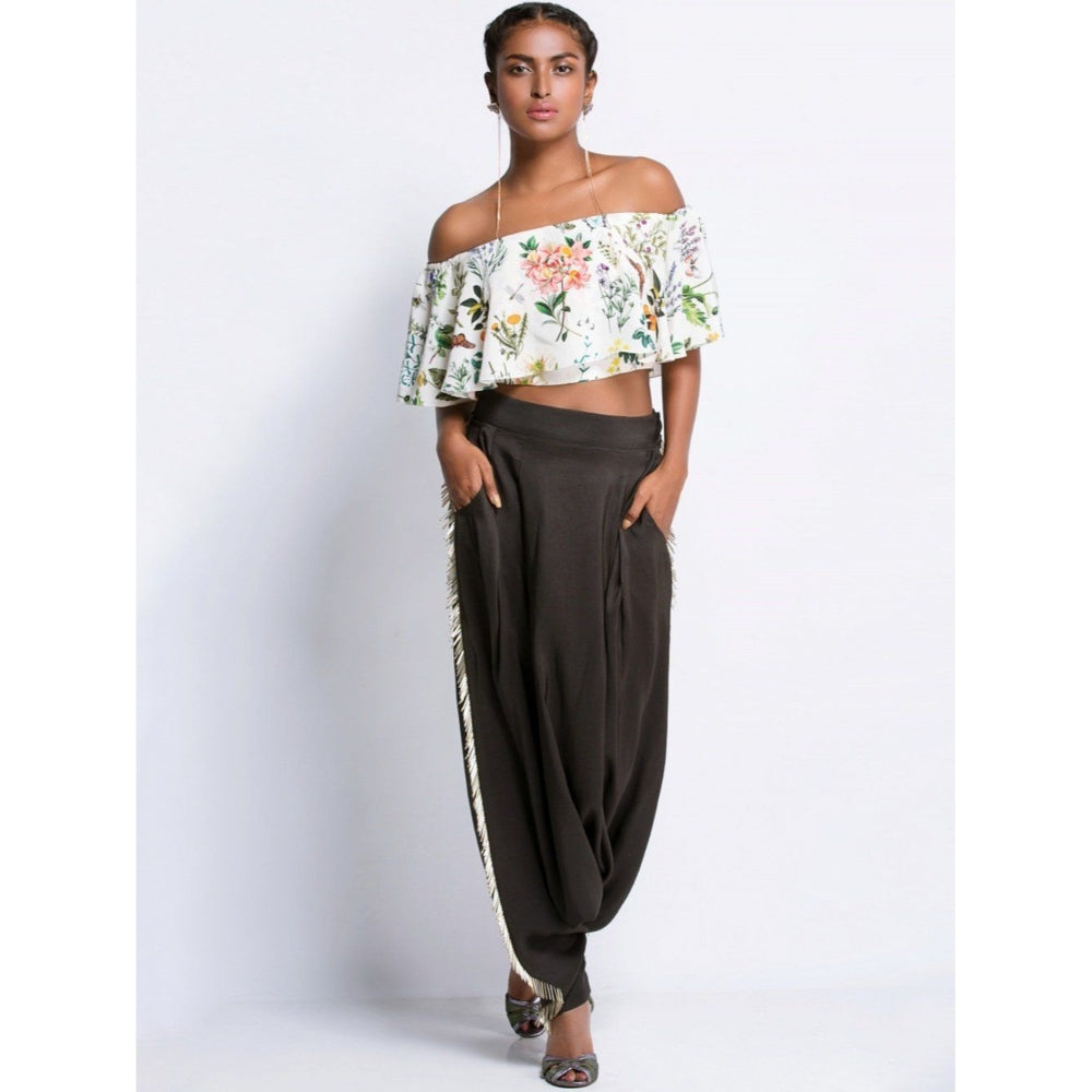 Payal Singhal Off White Printed Off Shoulder Ruffle Top And Black Pants (Set Of 2)
