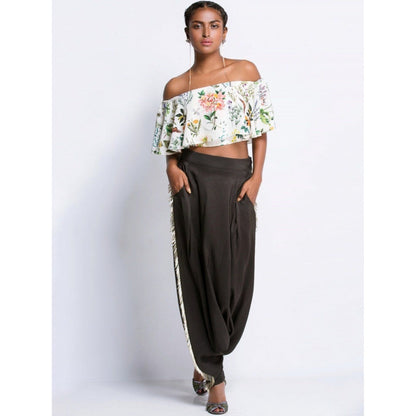 Payal Singhal off White Printed off Shoulder Ruffle Top And Black Pants (Set of 2)