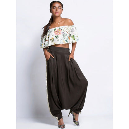 Payal Singhal off White Printed off Shoulder Ruffle Top And Black Pants (Set of 2)