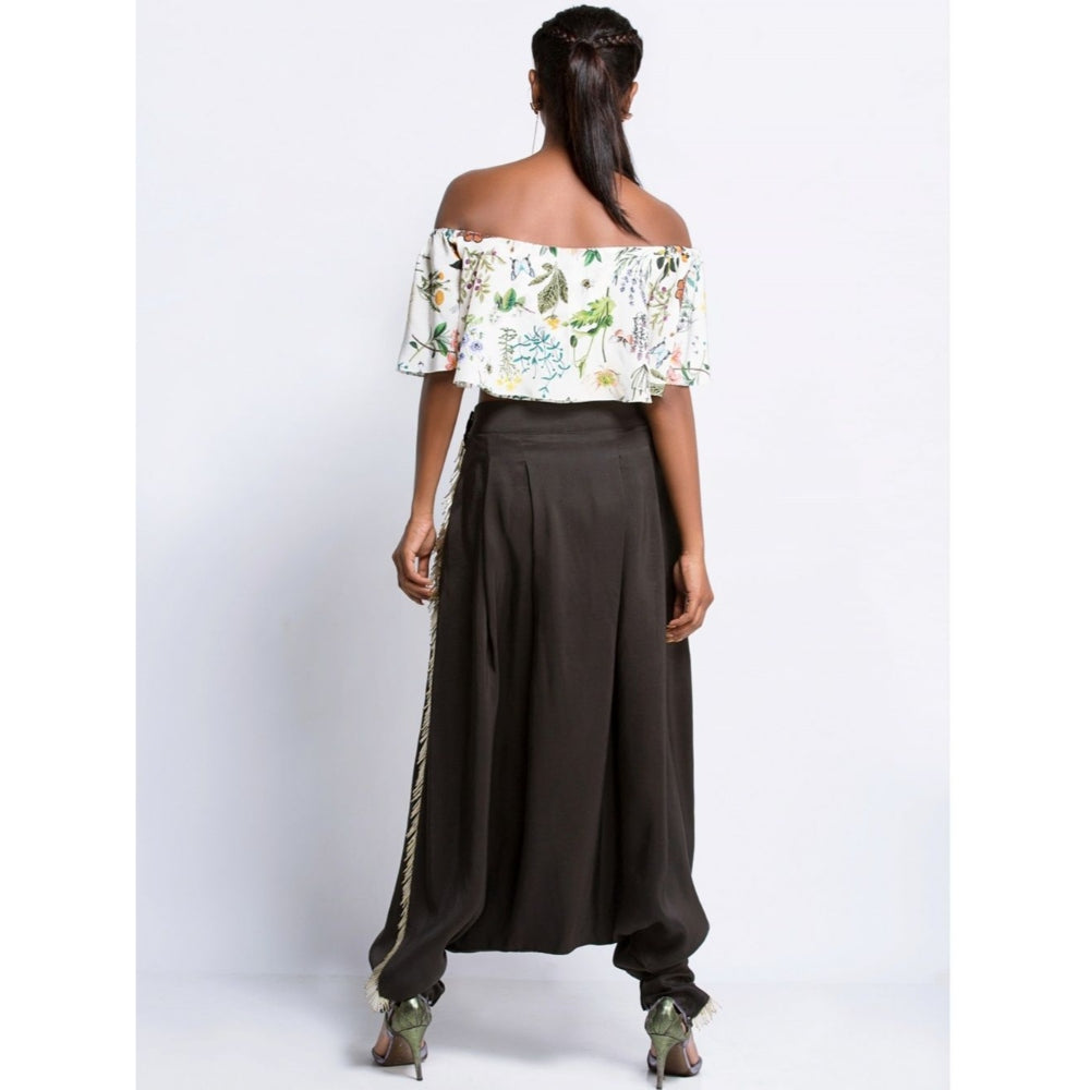 Payal Singhal off White Printed off Shoulder Ruffle Top And Black Pants (Set of 2)