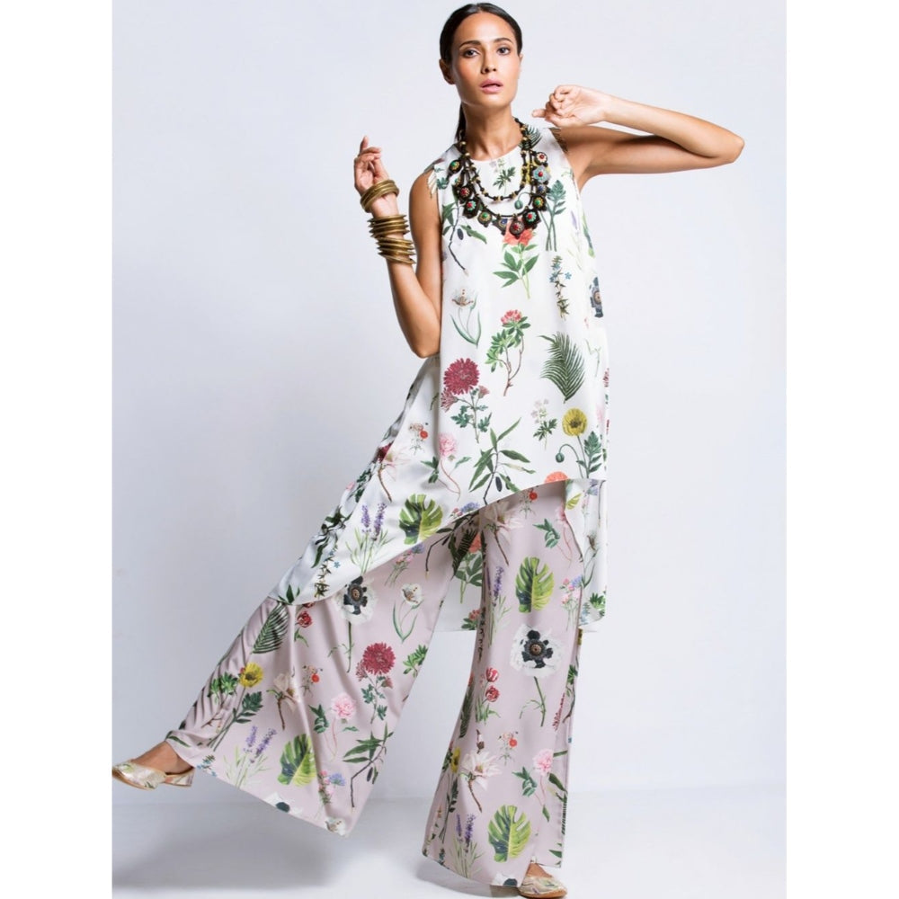Payal Singhal off White Printed Raised Hem Tunic And Lilac Palazzo (Set of 2)