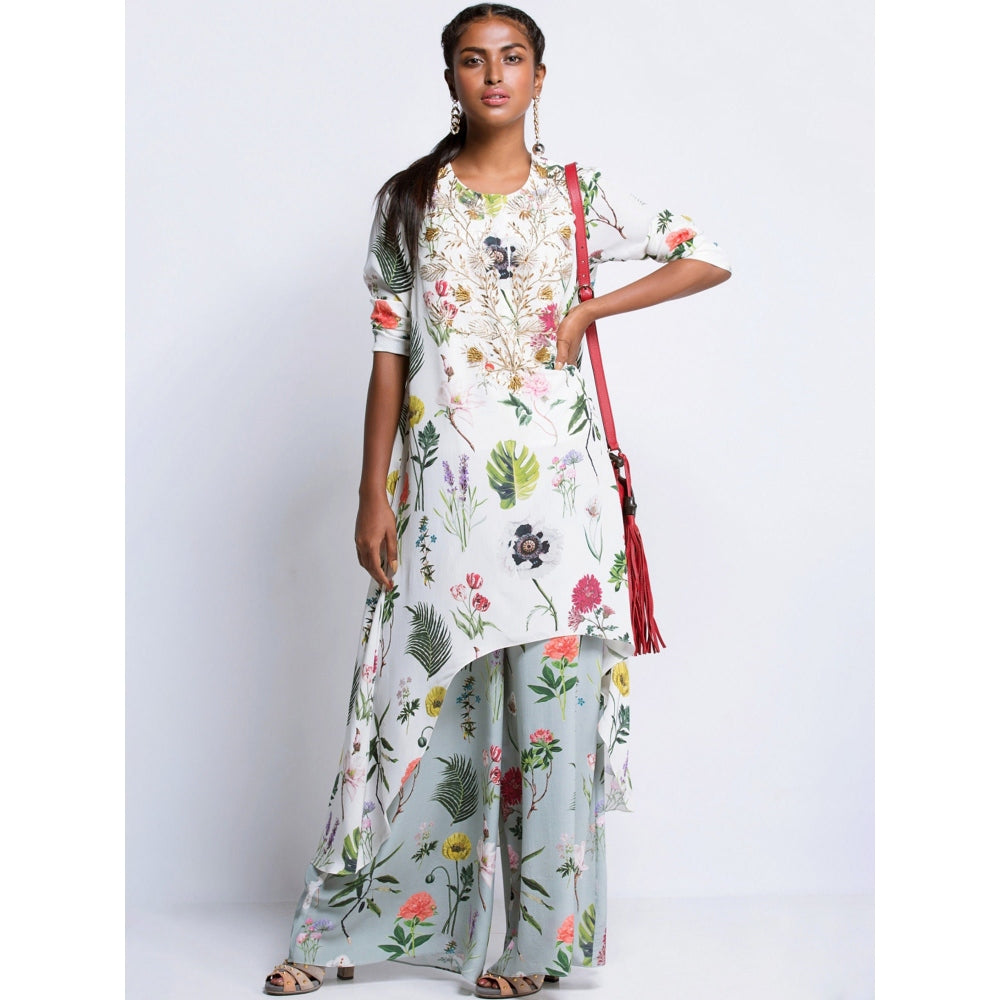Payal Singhal Off White Printed Kurta And Aqua Palazzo - Set of 2