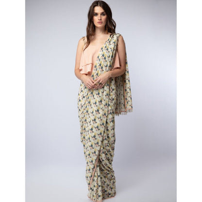 Payal Singhal Peach Layered Choli with Arrow Print Georgette Tasselled Saree with Crop Top