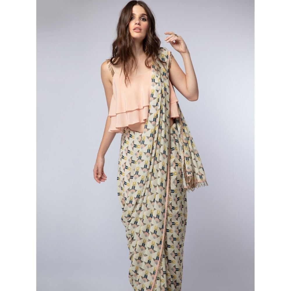 Payal Singhal Peach Layered Choli with Arrow Print Georgette Tasselled Saree with Crop Top