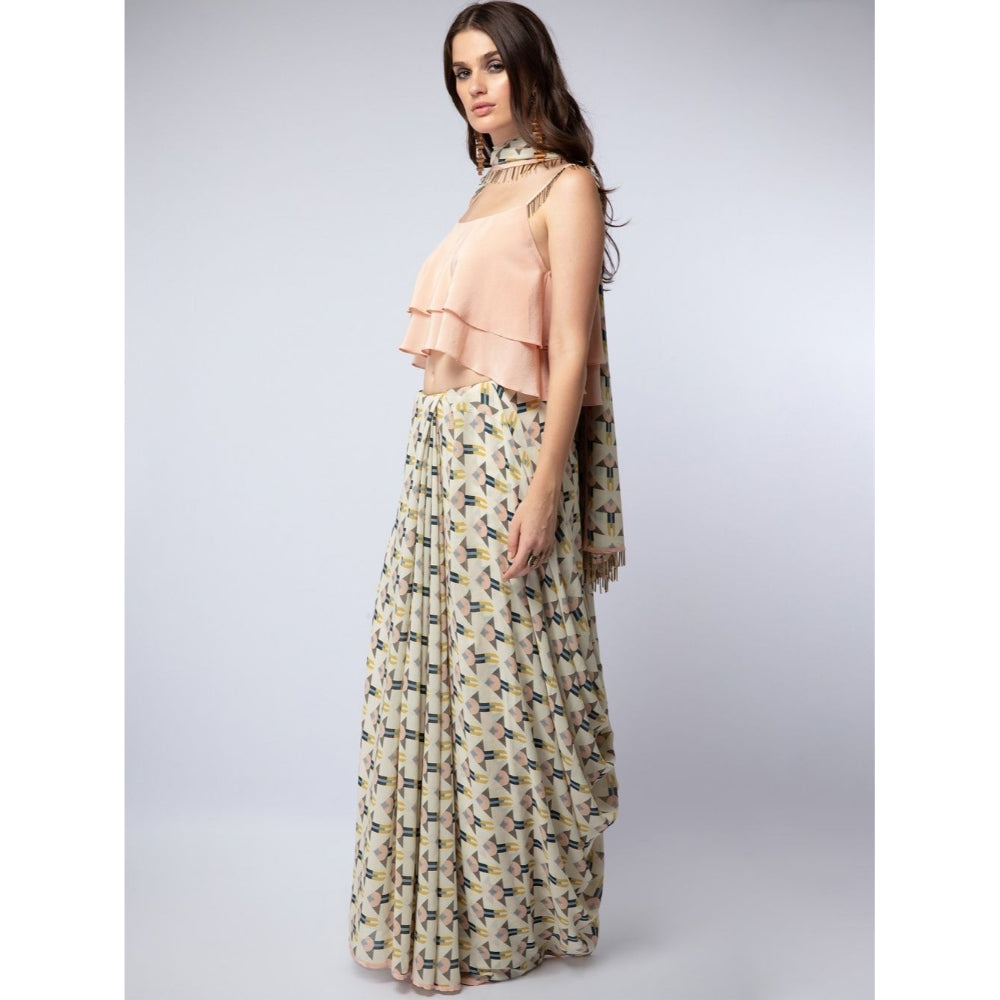 Payal Singhal Peach Layered Choli with Arrow Print Georgette Tasselled Saree with Crop Top