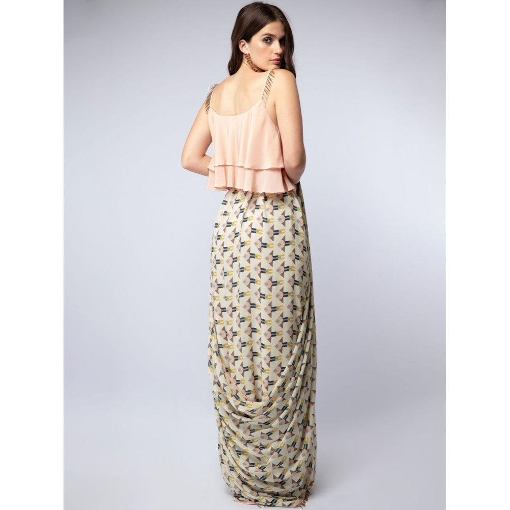Payal Singhal Peach Layered Choli with Arrow Print Georgette Tasselled Saree with Crop Top