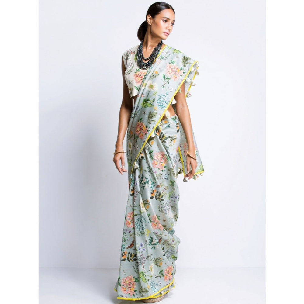 Payal Singhal Off White And Aqua Printed Mul Saree with Blouse
