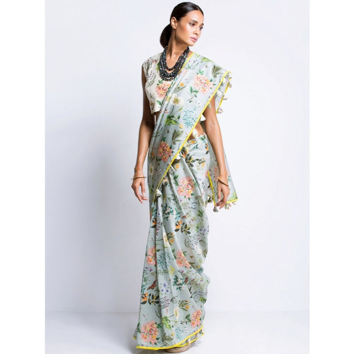 Payal Singhal Off White And Aqua Printed Mul Saree With Blouse