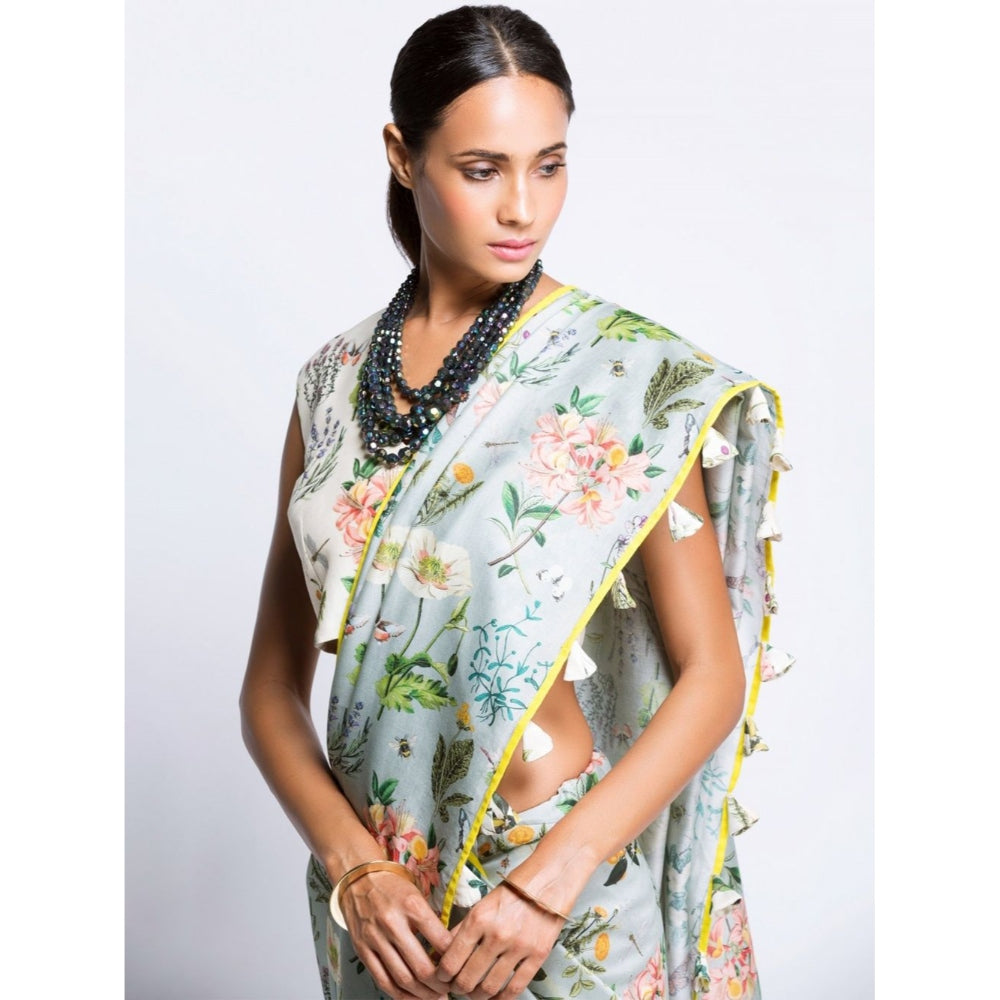 Payal Singhal Off White And Aqua Printed Mul Saree with Blouse