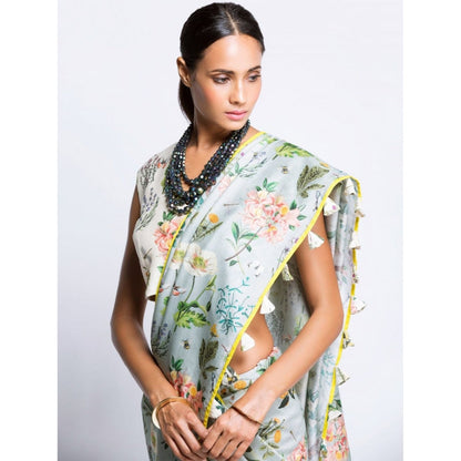 Payal Singhal Off White And Aqua Printed Mul Saree with Blouse