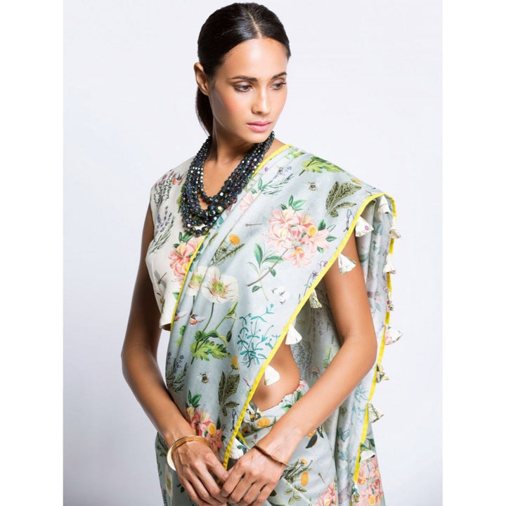 Payal Singhal Off White And Aqua Printed Mul Saree With Blouse
