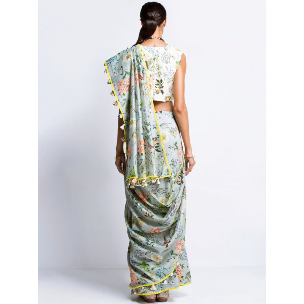 Payal Singhal Off White And Aqua Printed Mul Saree with Blouse