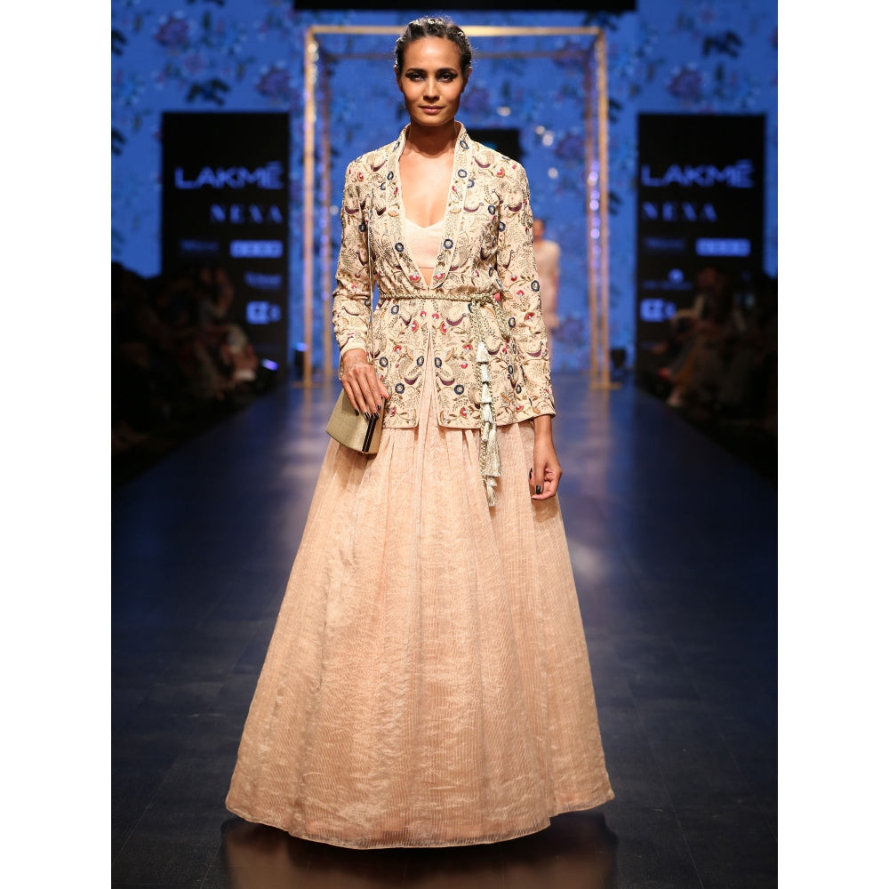 Payal Singhal Diyora Chanderi Lehenga & Bustier Top with Jacket & Tie-Up Belt (Set of 4)