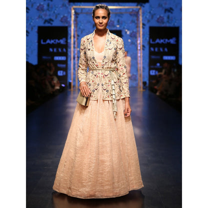 Payal Singhal Diyora Chanderi Lehenga & Bustier Top with Jacket & Tie-Up Belt (Set of 4)