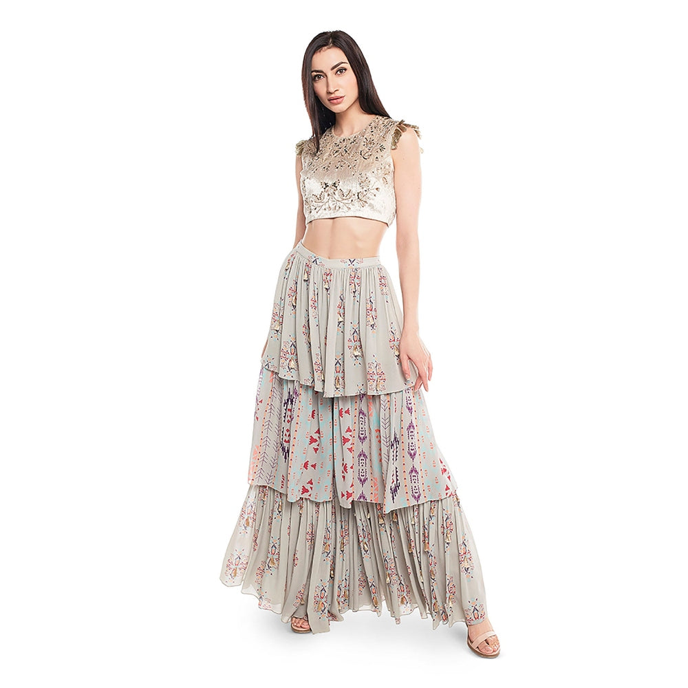 Payal Singhal Atoosa Printed Layered Skirt with Crop Top (Set of 2)