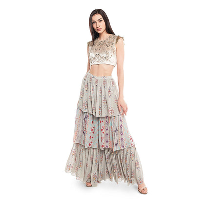 Payal Singhal Atoosa Printed Layered Skirt with Crop Top (Set of 2)