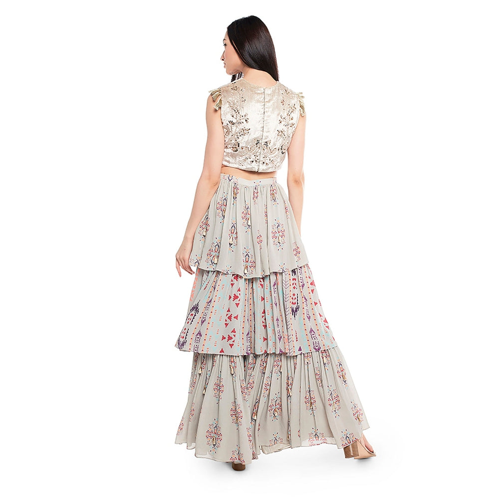 Payal Singhal Atoosa Printed Layered Skirt with Crop Top (Set of 2)
