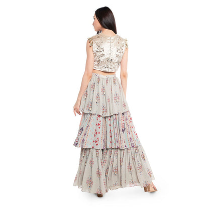 Payal Singhal Atoosa Printed Layered Skirt with Crop Top (Set of 2)