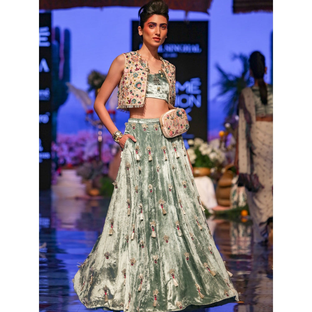 Payal Singhal Seine Velvet Tasselled Lehenga with Bustier Top & Jacket (Set of 3)