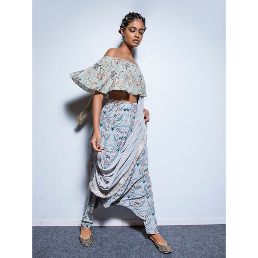 Payal Singhal Darisa Embroidered Crop Top & Pants with Attached Dupatta (Set of 2)