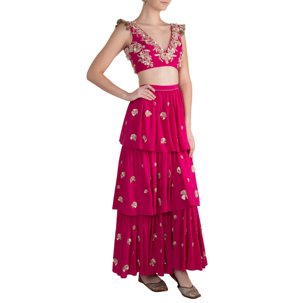 Payal Singhal Riza Crepe Blouse with Layered Sharara Pants (Set of 2)