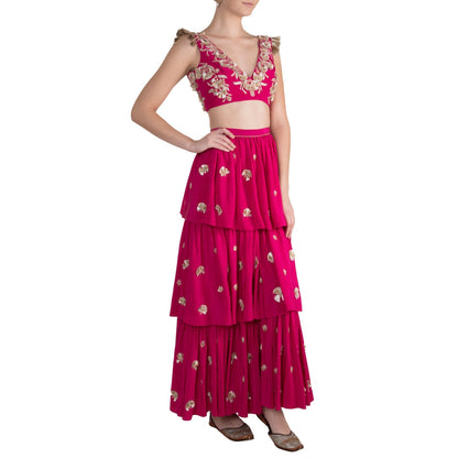 Payal Singhal Riza Crepe Blouse with Layered Sharara Pants (Set of 2)