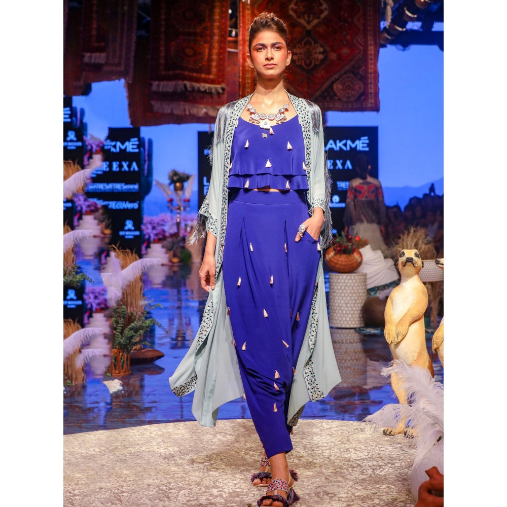 Payal Singhal Ina Tasselled Low Crotch Pants with Layered Top & Cape (Set of 3)