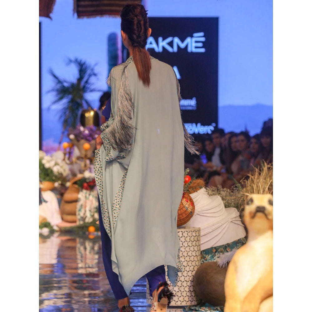 Payal Singhal Ina Tasselled Low Crotch Pants with Layered Top & Cape (Set of 3)