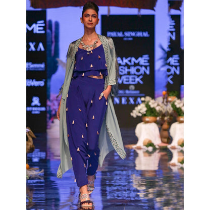 Payal Singhal Ina Tasselled Low Crotch Pants with Layered Top & Cape (Set of 3)