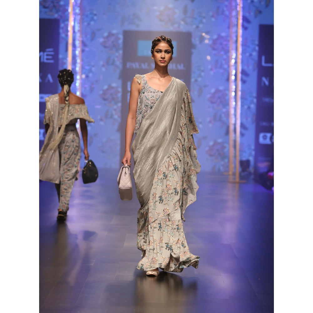 Payal Singhal Feruza Frill Saree with Crepe Top & Chantone Petticoat (Set of 3)