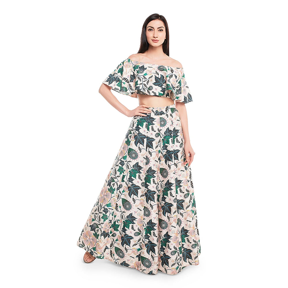 Payal Singhal Off White Printed Top with Skirt (Set of 2)