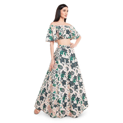 Payal Singhal Off White Printed Top with Skirt (Set of 2)