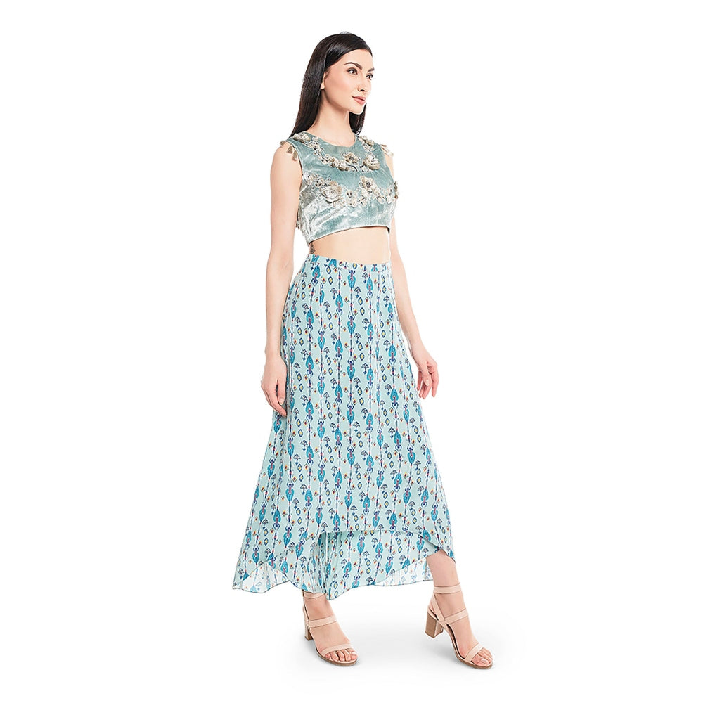 Payal Singhal Blue Embroidered Skirt Palazzo & Top (Set Of 2)
