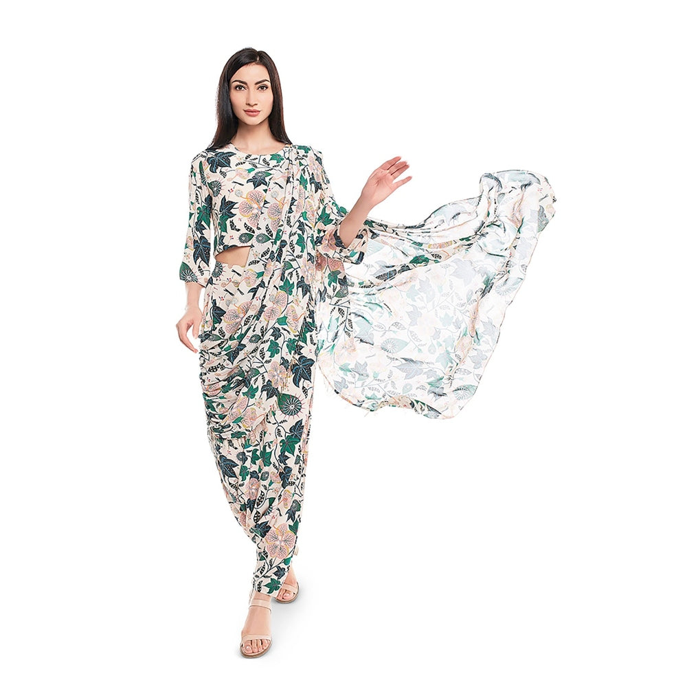 Payal Singhal Off White Printed Dhoti Saree with Stitched Blouse (Set of 2)