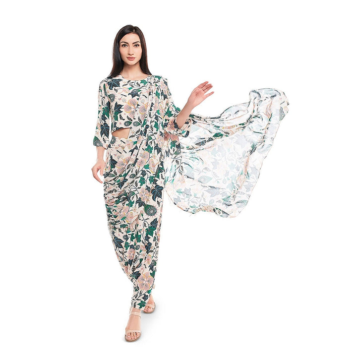 Payal Singhal Off White Printed Dhoti Saree With Stitched Blouse (Set Of 2)