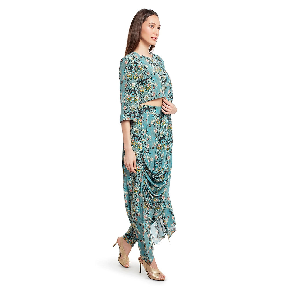 Payal Singhal Blue Printed Dhoti Saree With Stitched Blouse (Set Of 2)