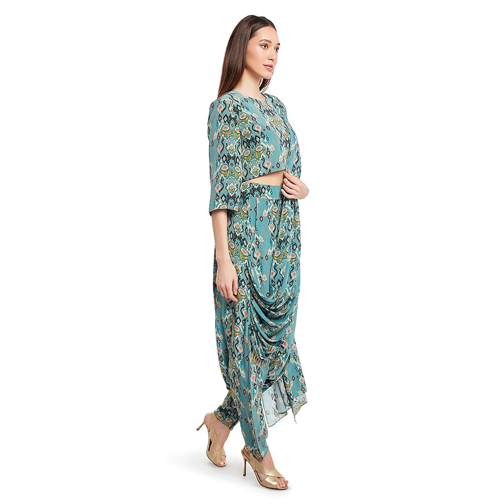 Payal Singhal Blue Printed Dhoti Saree with Stitched Blouse (Set of 2)