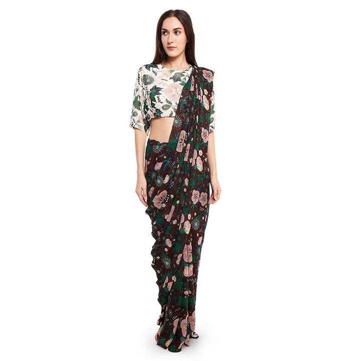 Ps Pret By Payal Singhal Georgette Brown Floral Top With Saree (Set Of 2)