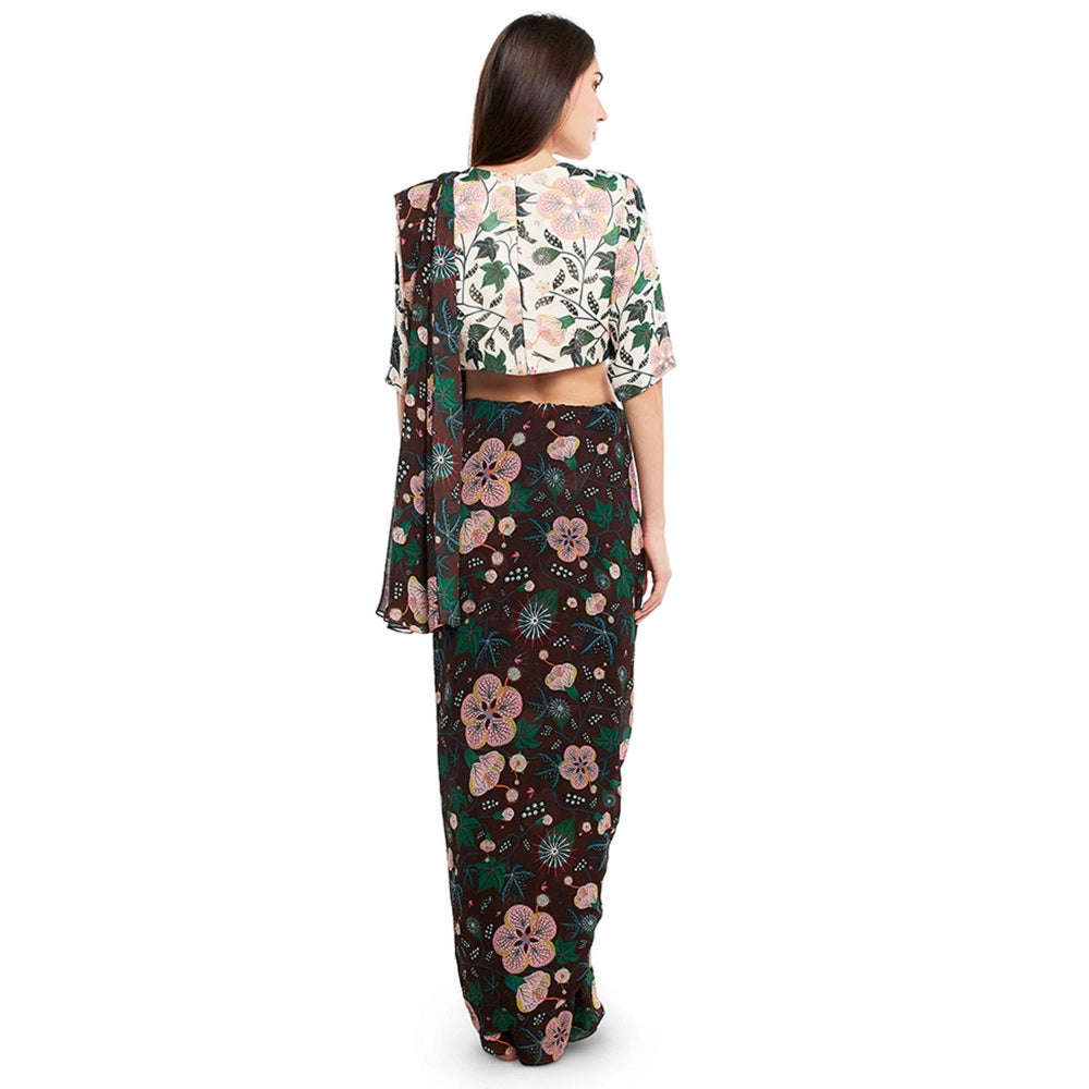PS Pret by Payal Singhal Georgette Brown Floral Top With Saree (Set of 2)