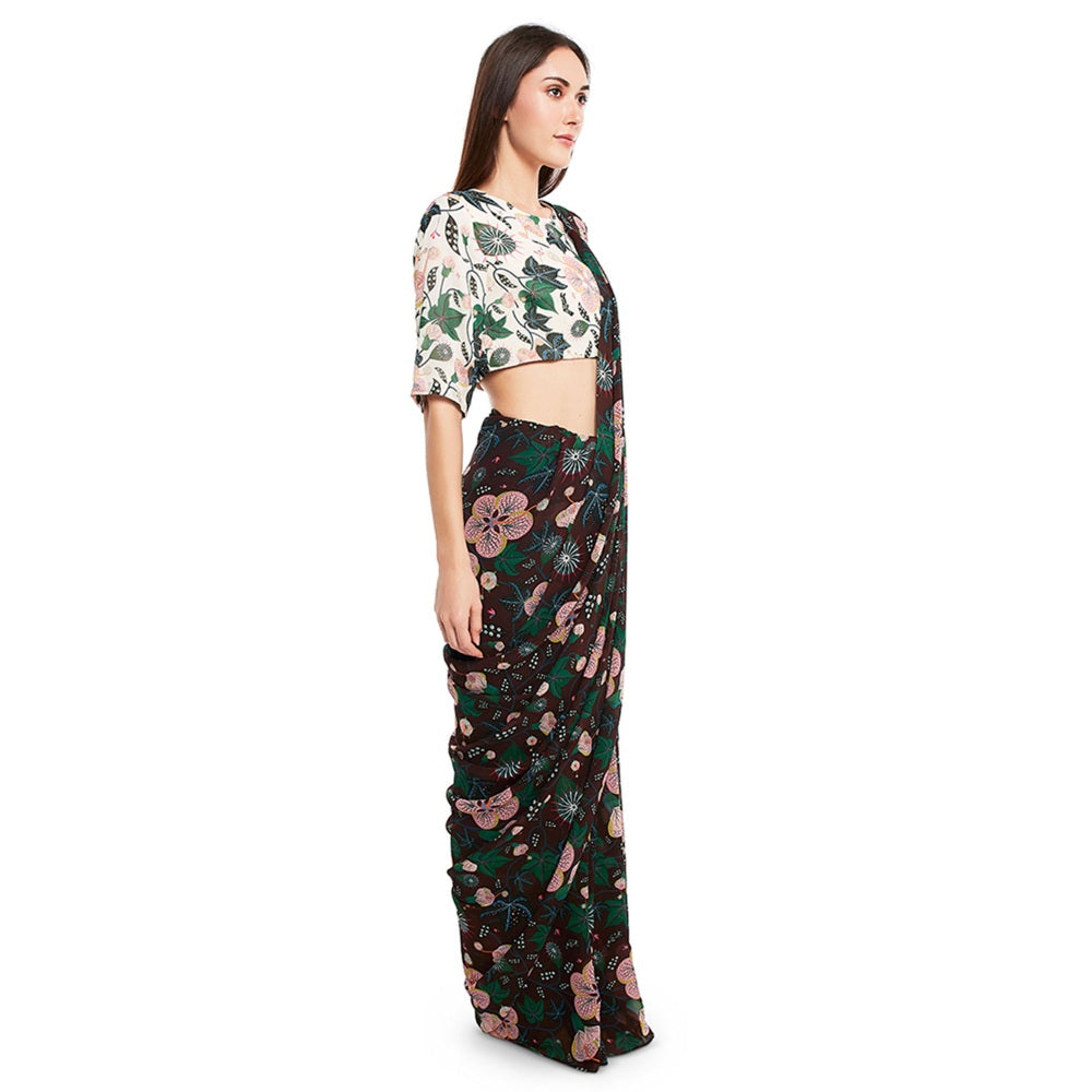 PS Pret by Payal Singhal Georgette Brown Floral Top With Saree (Set of 2)