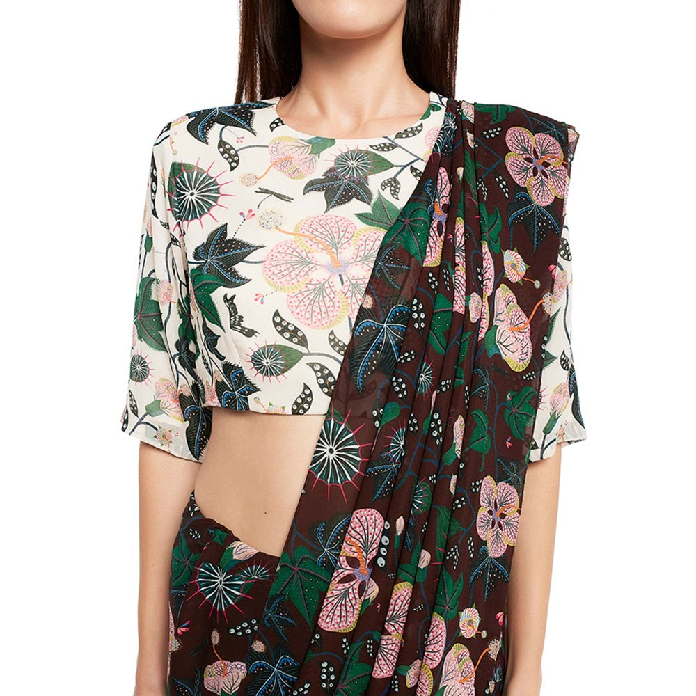 PS Pret by Payal Singhal Georgette Brown Floral Top With Saree (Set of 2)