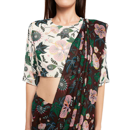 PS Pret by Payal Singhal Georgette Brown Floral Top With Saree (Set of 2)