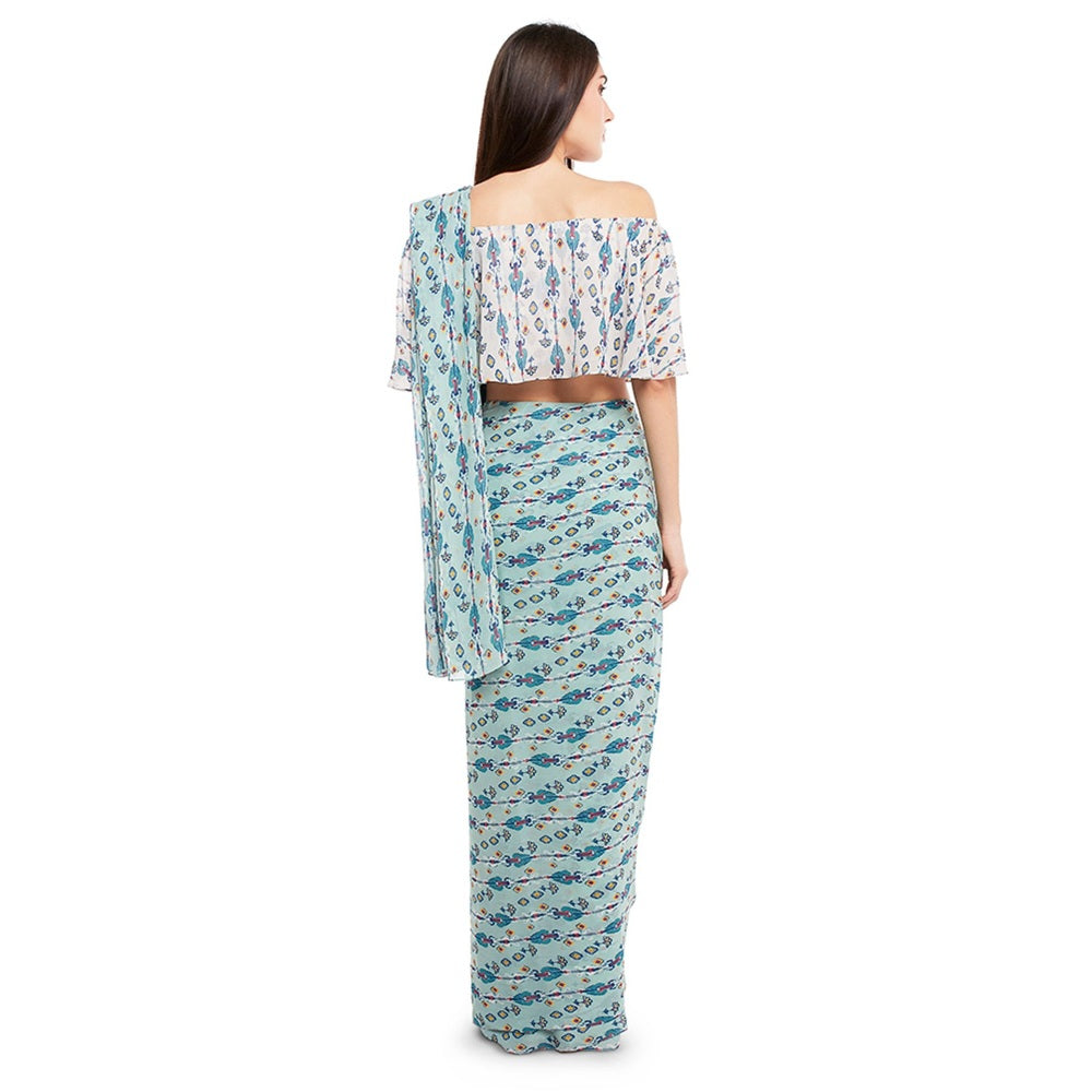 PS Pret by Payal Singhal Crepe Blue Printed Top With Saree (Set of 2)