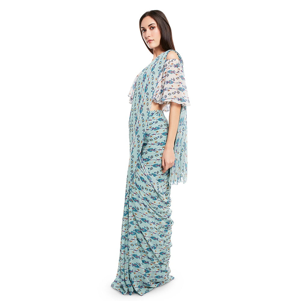 PS Pret by Payal Singhal Crepe Blue Printed Top With Saree (Set of 2)