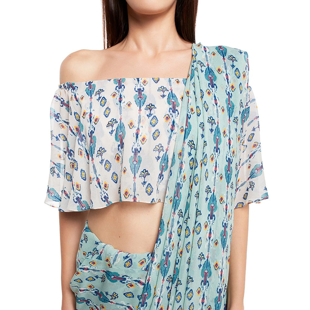 PS Pret by Payal Singhal Crepe Blue Printed Top With Saree (Set of 2)