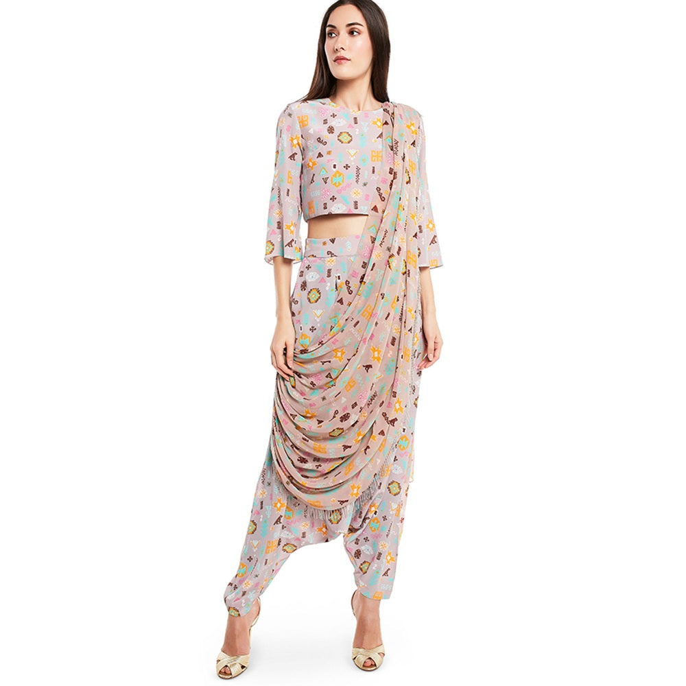 PS Pret by Payal Singhal Crepe Lavender Printed Top With Dhoti Pant (Set of 2)